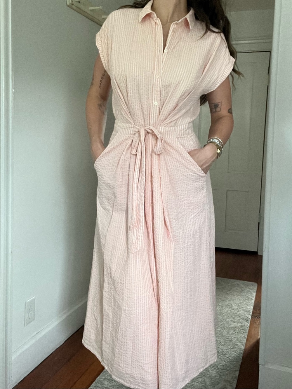 LOFT Soft Blush Pink Maxi Shirt Dress with Tie Waist